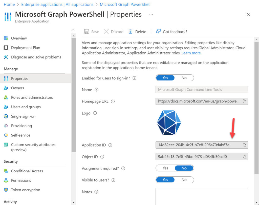 Properties of the Microsoft Graph PowerShell SDK enterprise app