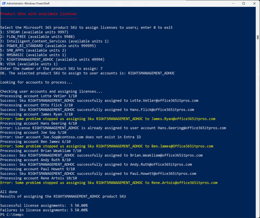 Running the License assignment script
Bulk license assignment Microsoft 365