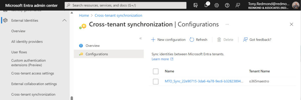 The cross-tenant synchronization configuration created in Entra ID