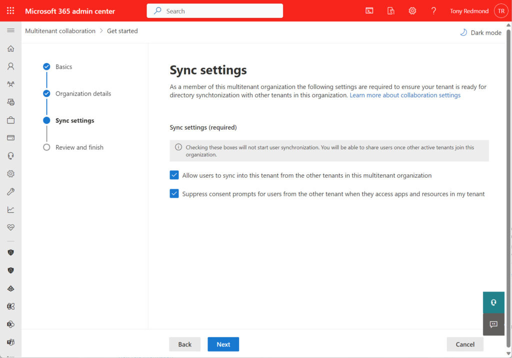 Configuring synchronization settings for the new multi-tenant organization