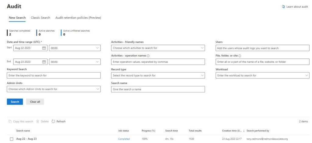 The new audit log search takes longer than the classic audit log search does 