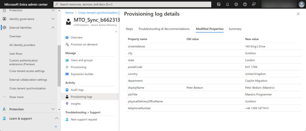 Provisioning log details for a synchronized user account