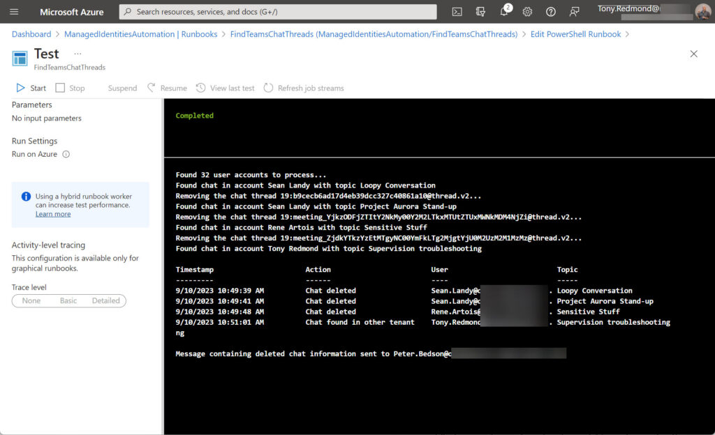 Results of the runbook to remove Teams chat threads