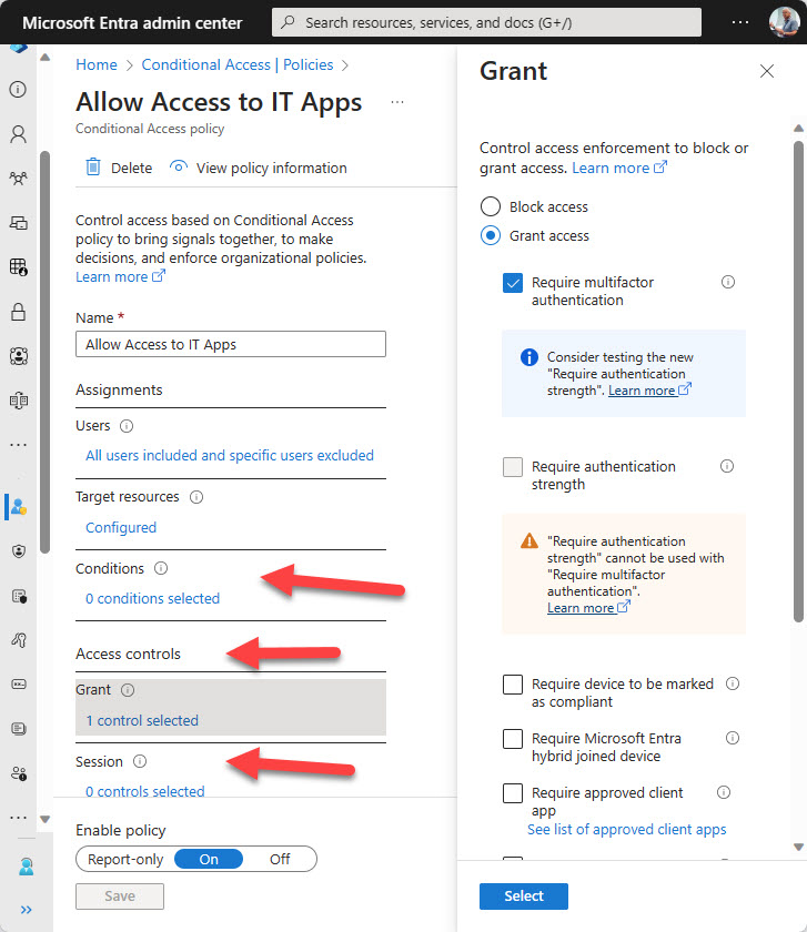 Settings for a conditional access policy.