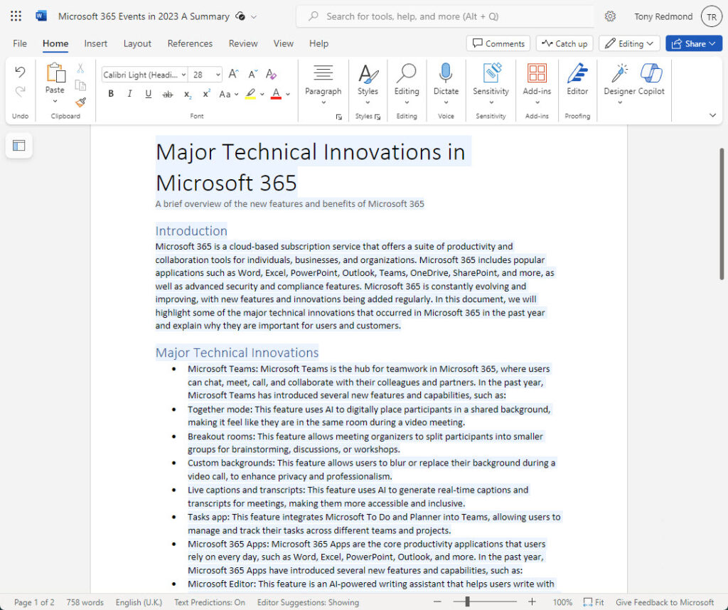 Copilot for Word and Microsoft 365 Innovations.