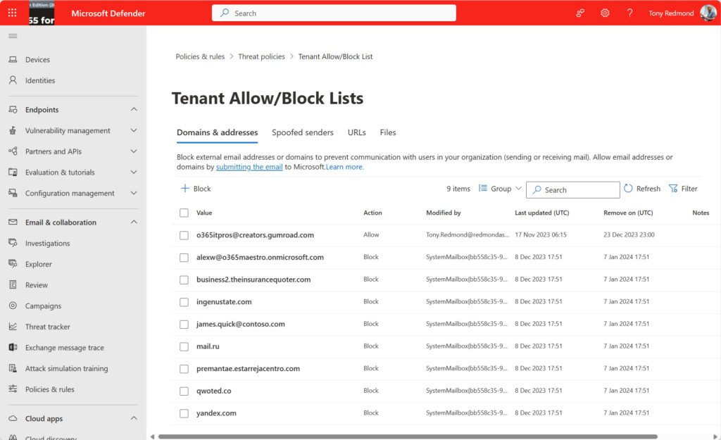 Tenant block list includes many TLDs.