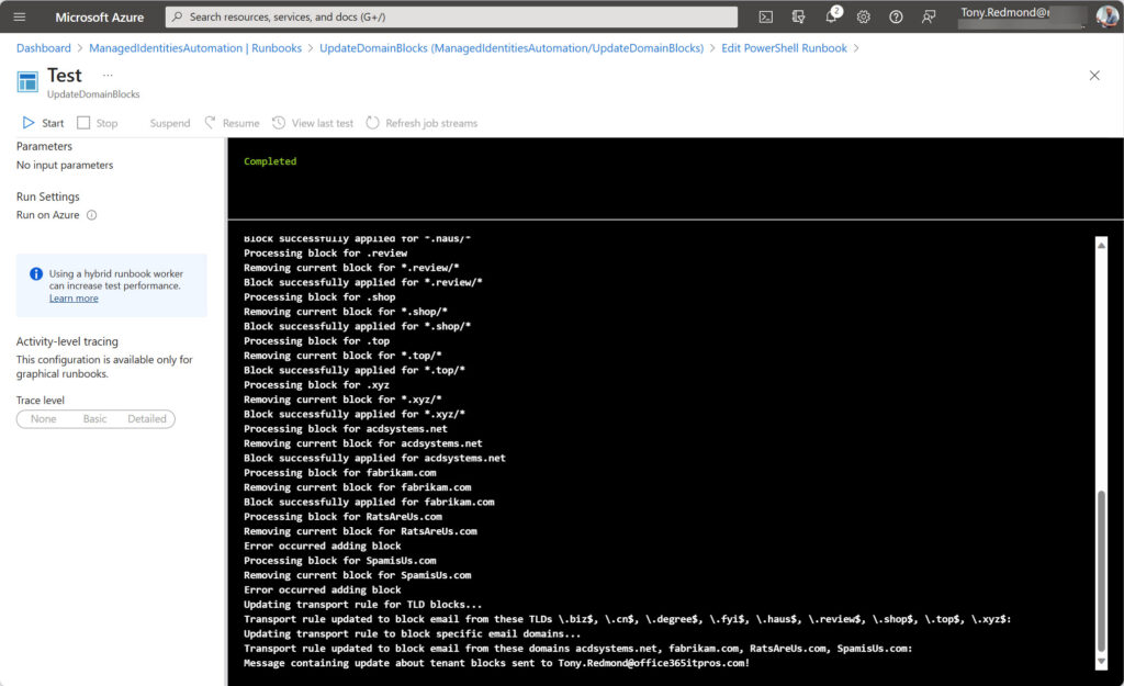 Le runbook s’exécute dans Azure Automation.