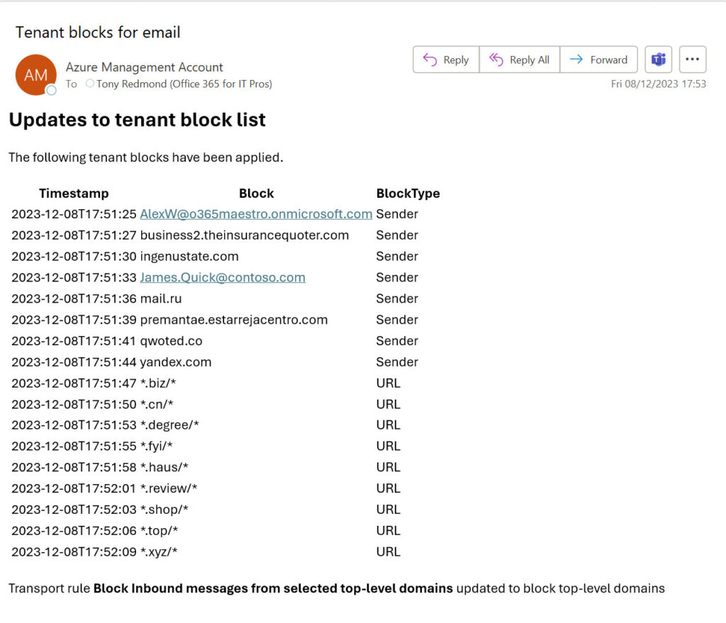 E-mail envoyé pour signaler les mises à jour de la liste de blocage des locataires.