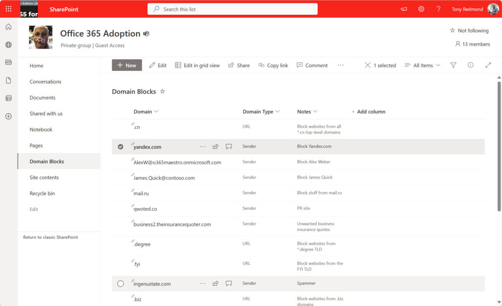 SharePoint Online list containing block list entries.