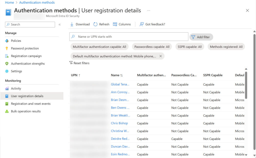 User registration details report in the Entra ID admin center.