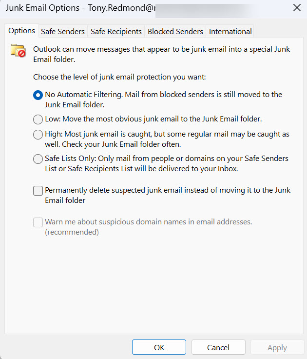 Outlook Junk Email Options.