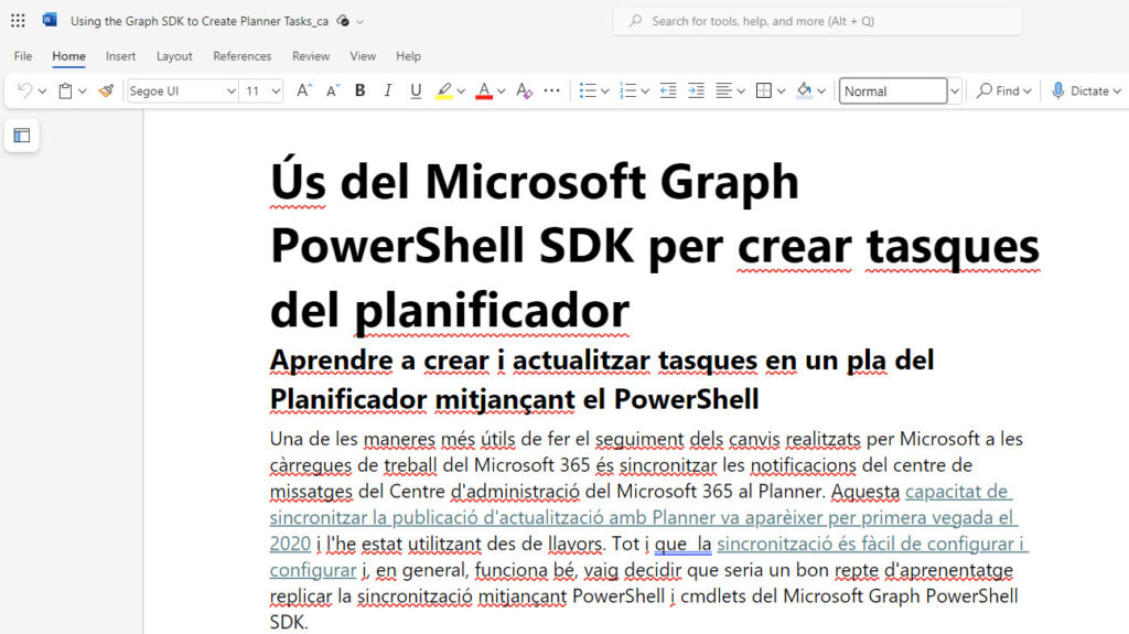 A Microsoft Word document translated into Catalan