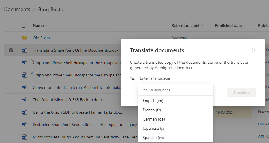 Selecting a target translation language