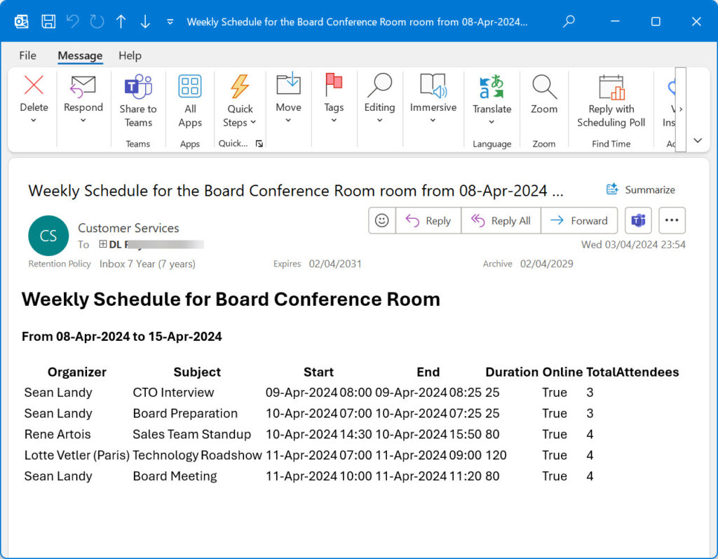 The emailed version of a room mailbox weekly schedule.