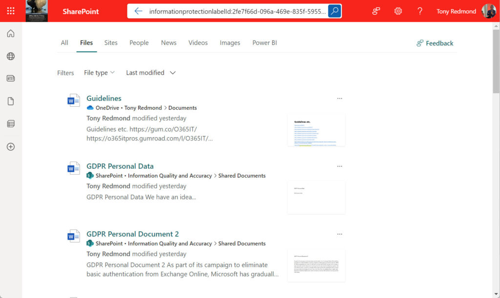 SharePoint Search finds documents protected with a specific sensitivity label.