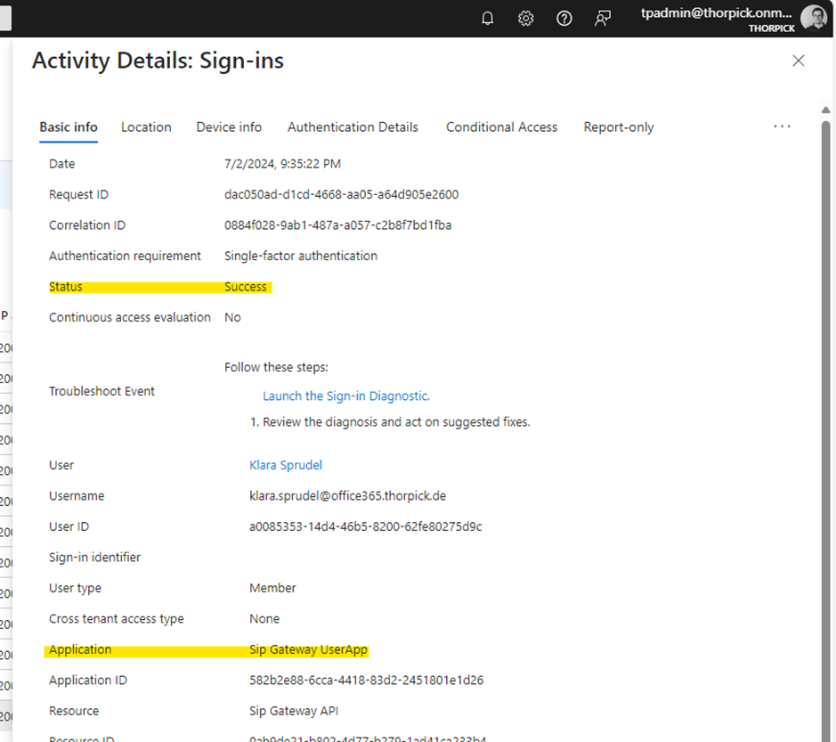 Successful logon attempt by Teams SIP Gateway User App in Entra Id Portal