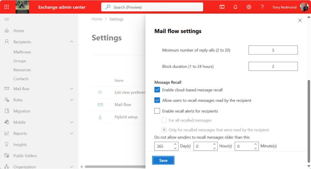 Message recall settings in the Exchange admin center