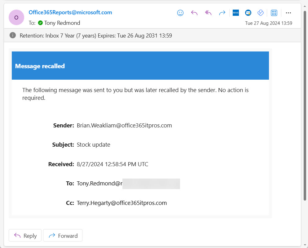  Message recall notification to explain why email disappeared from an Inbox