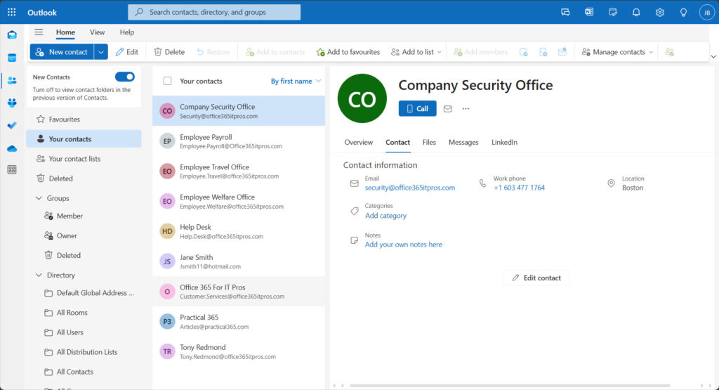 Newly created organizational contacts shown in OWA.