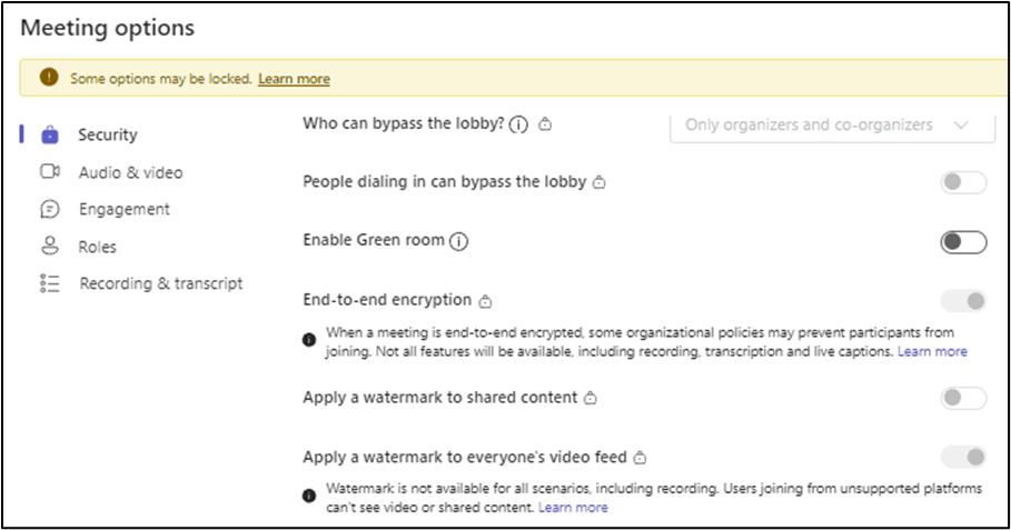 Figure 6: Some settings are enforced by the applied label and can’t be disabled. The lock next to the setting indicate the enforcement