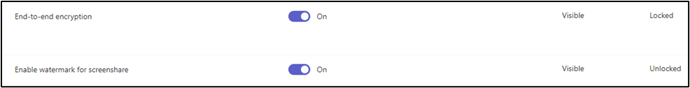 Figure 9: In this template end-to-end encryption and watermark have been enabled. Since encryption is “Locked”, organizers can’t disable this setting. Watermark is enabled but can be disabled if needed (“Unlocked”)