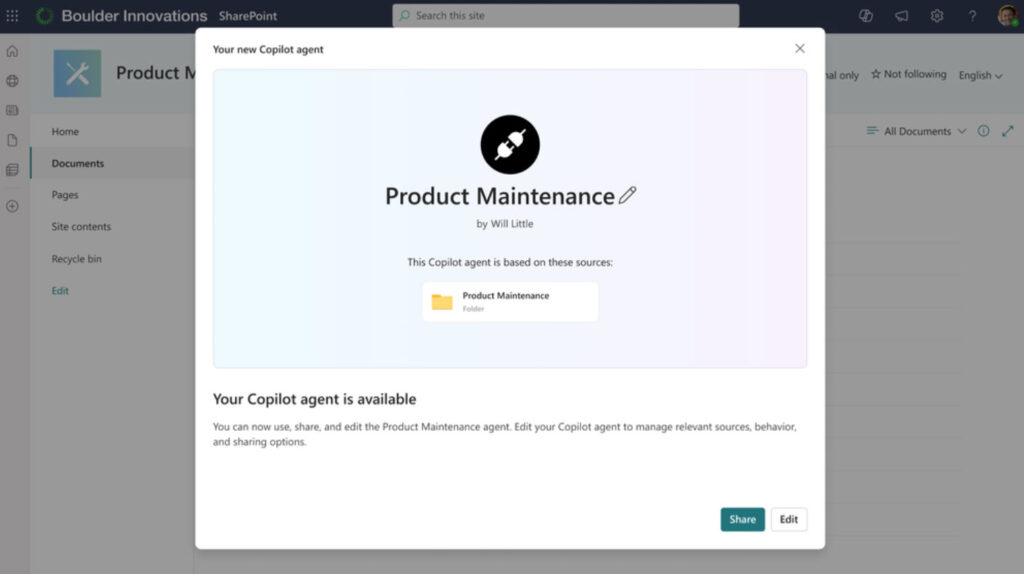 A Copilot agent to help support teams with product maintenance (source: Microsoft)