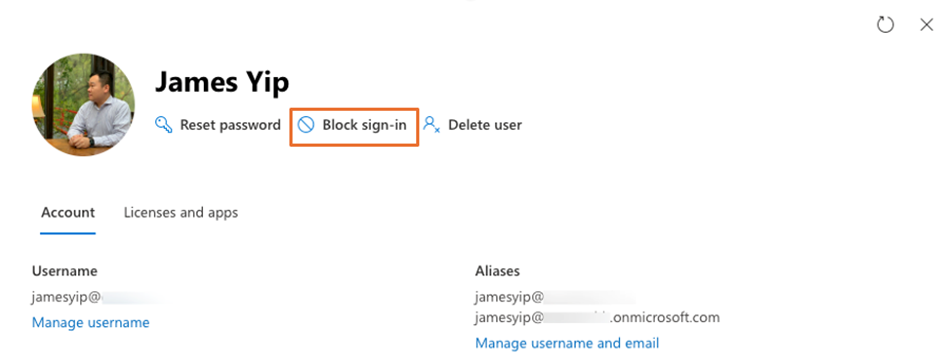 Figure 1: Block Sign-in button as shown in User properties in the Microsoft 365 Admin Center