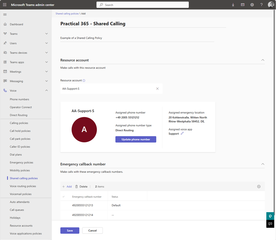 Figure 2: Creating a new Shared Calling Policy in Teams Admin Center