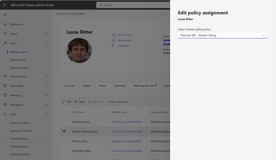 Figure 3: Assigning a Shared Calling Policy to a user