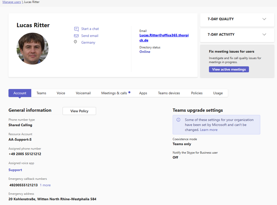 Figure 4: User's overview in Teams Admin Center with Shared Calling Policy enabled