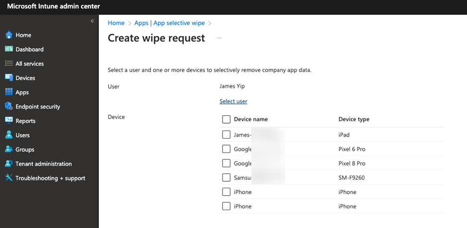 Figure 2: Submitting App Selective Wipe Request for a user in Intune Admin Center