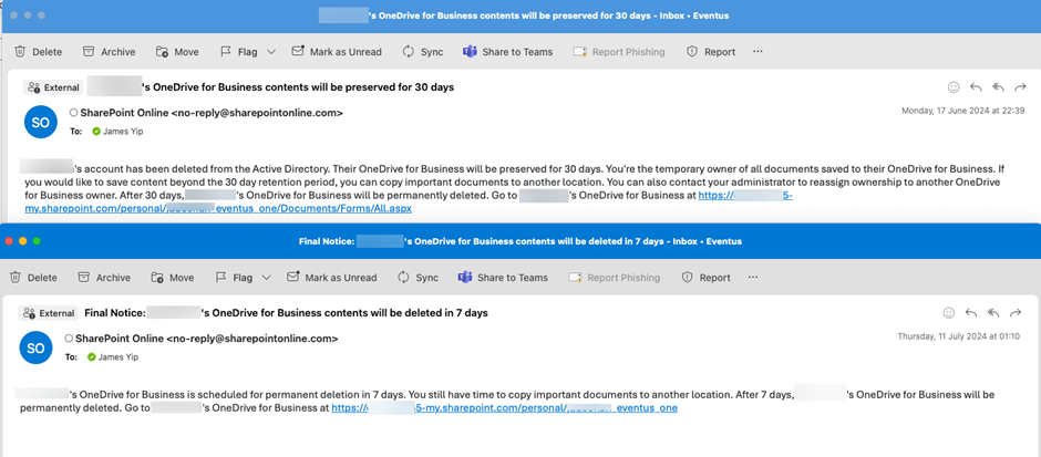 Figure 5: Sample OneDrive for Business deletion notices