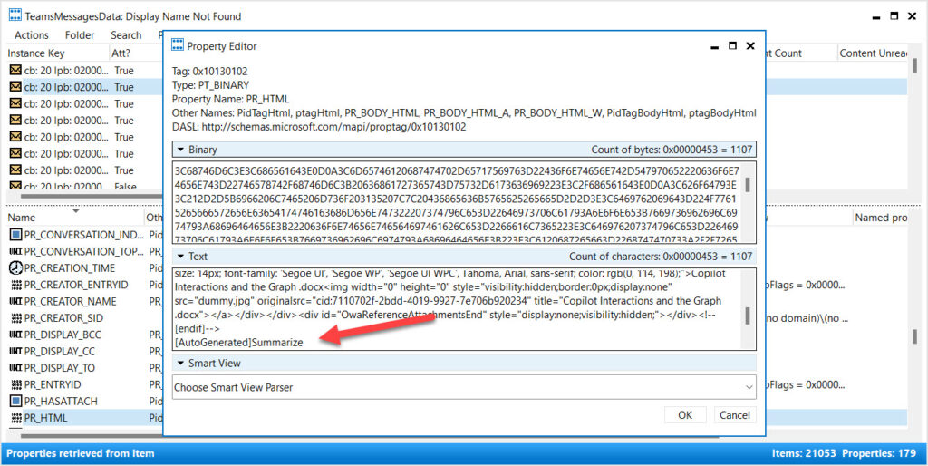 Copilot compliance record viewed through the MFCMAPI utility