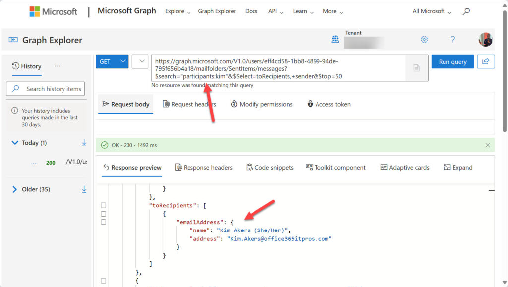  A Graph request finds a message sent from an address