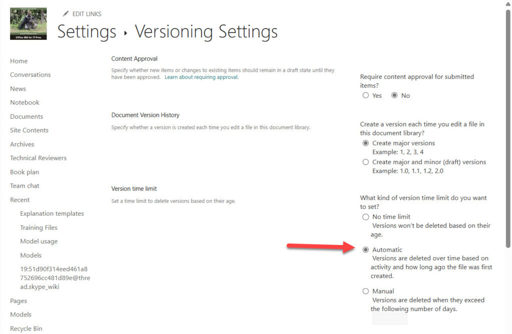 Updating the version settings for a document library