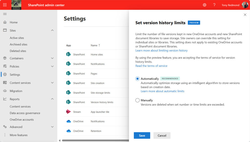 Updating versioning settings for a SharePoint Online tenant.