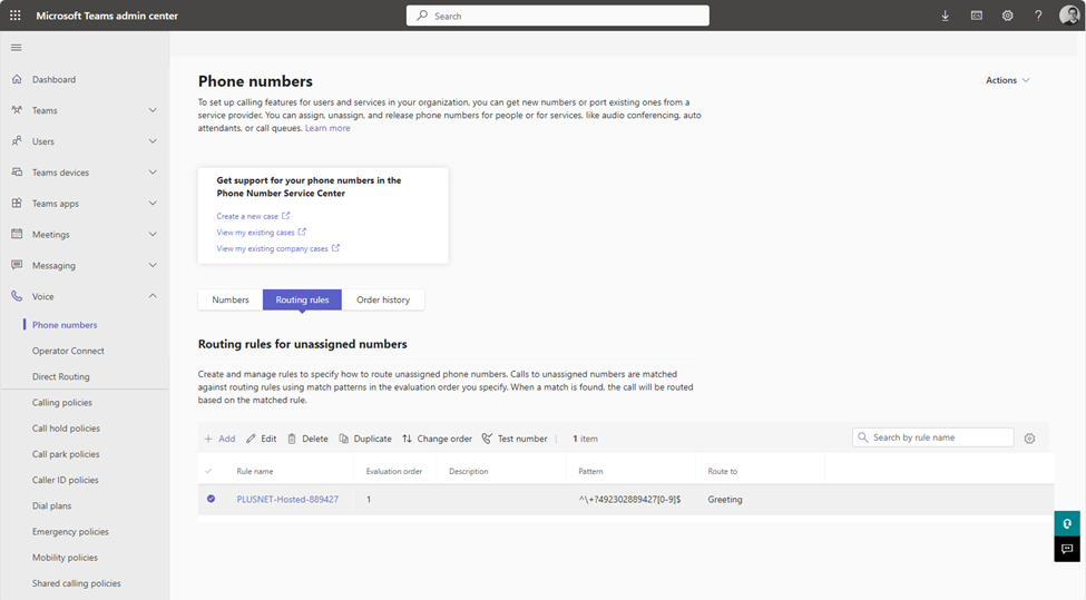 Teams Admin Center showing the Routing Rule page