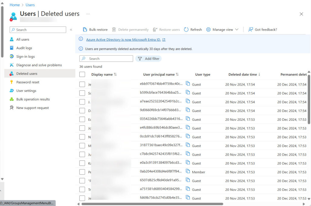 Where to restore deleted user objects in the Entra admin center

Find unused guest accounts