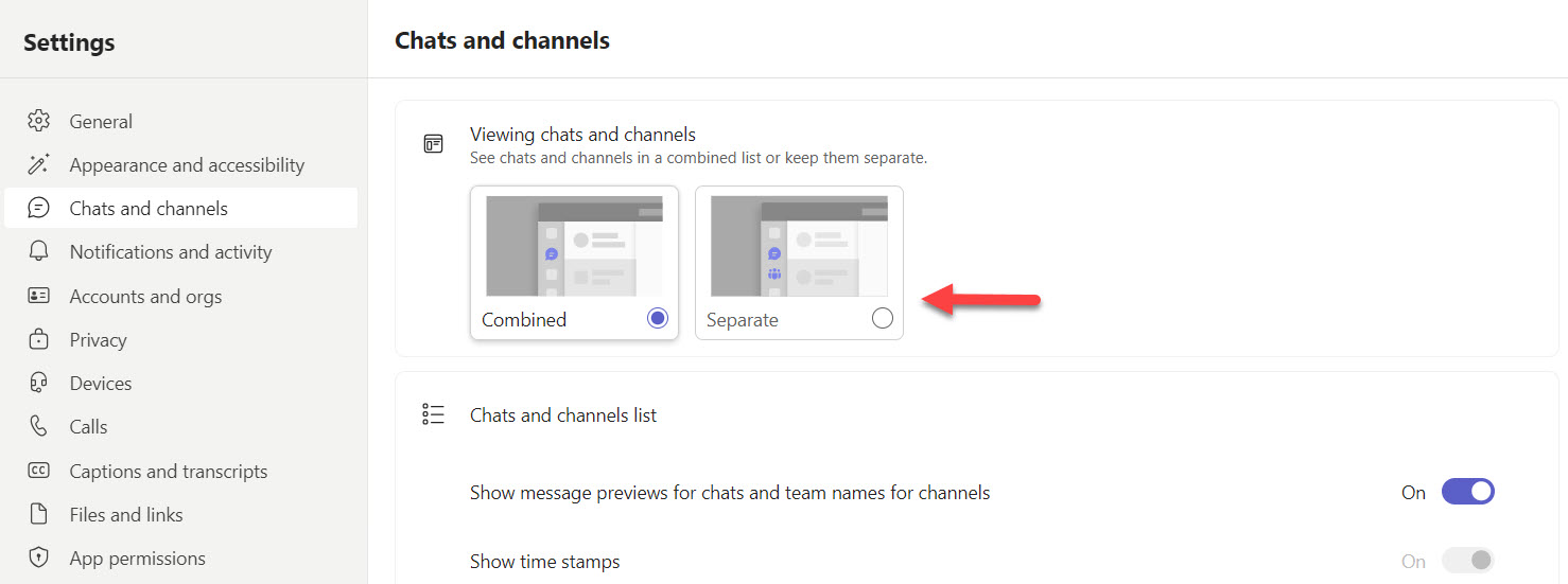 Teams settings for the new chat and channels interface