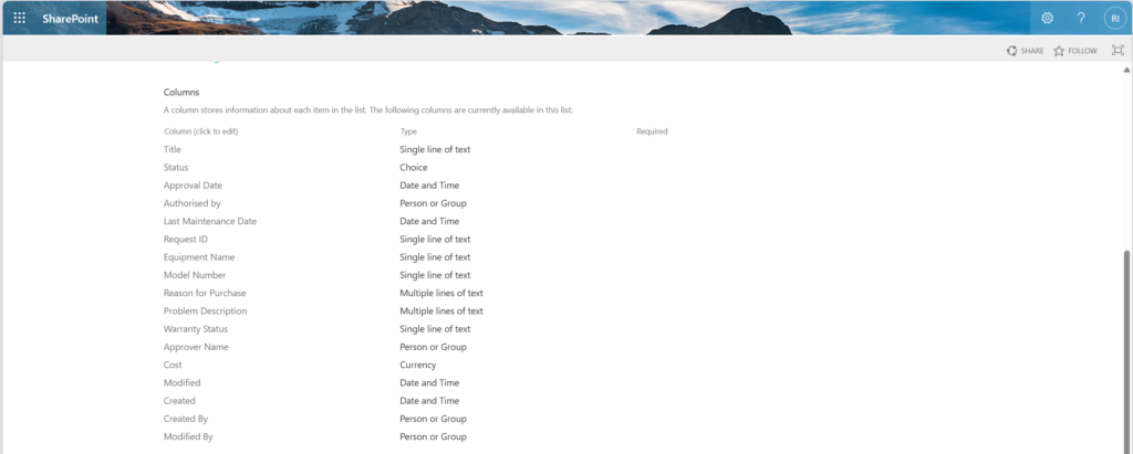 Figure 1: The Request Tracker SharePoint list showing the columns and data 
types