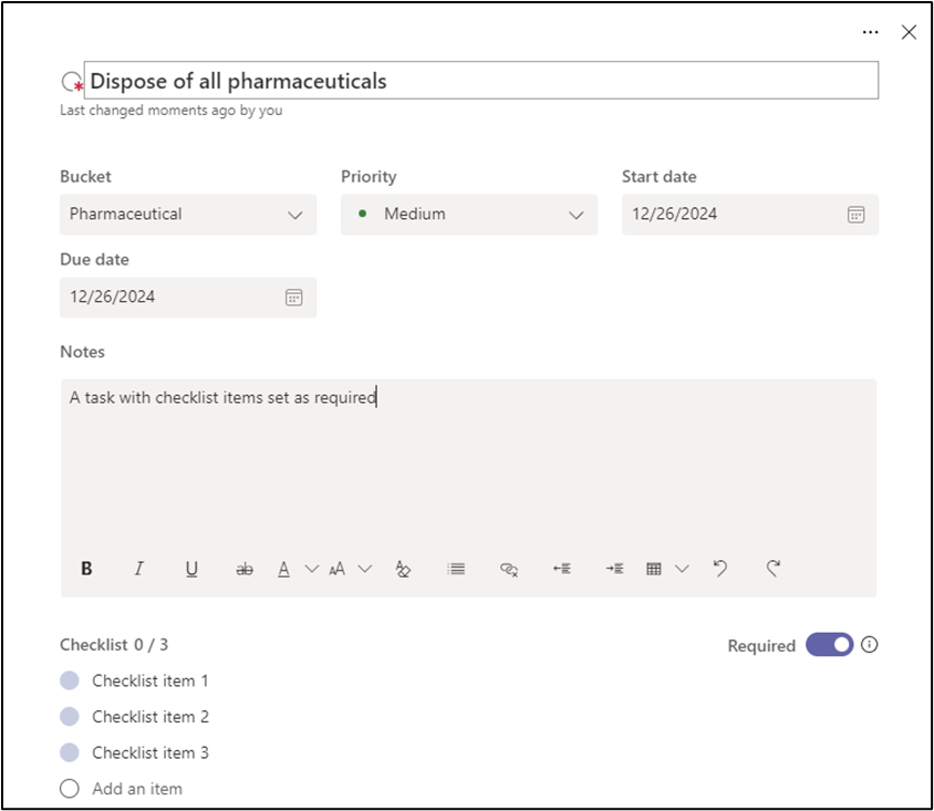 Figure 4: A red symbol is visible next to the task title when the checklist is set to required