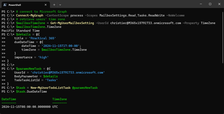 Figure 2: The created task and the different DateTime values