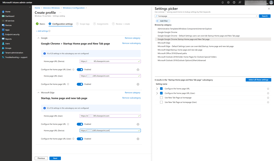 Figure 1: Defining Configuration Profile to set Edge and Chrome's Home Page