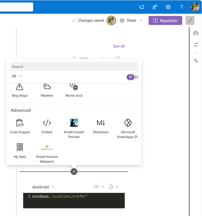 Figure 3: Adding Javscript to SharePoint page using Code Snippet web part