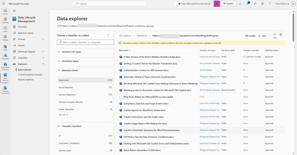 Examining files with retention labels in the Purview Data Explorer