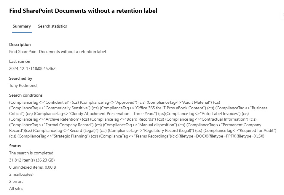 Results from the content search to find unlabeled SharePoint files