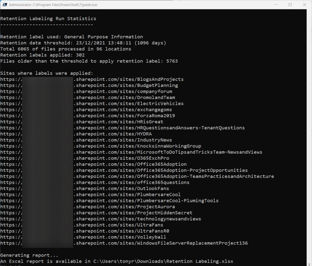 Running the script to find and apply retention labels to unlabeled files in SharePoint Online.