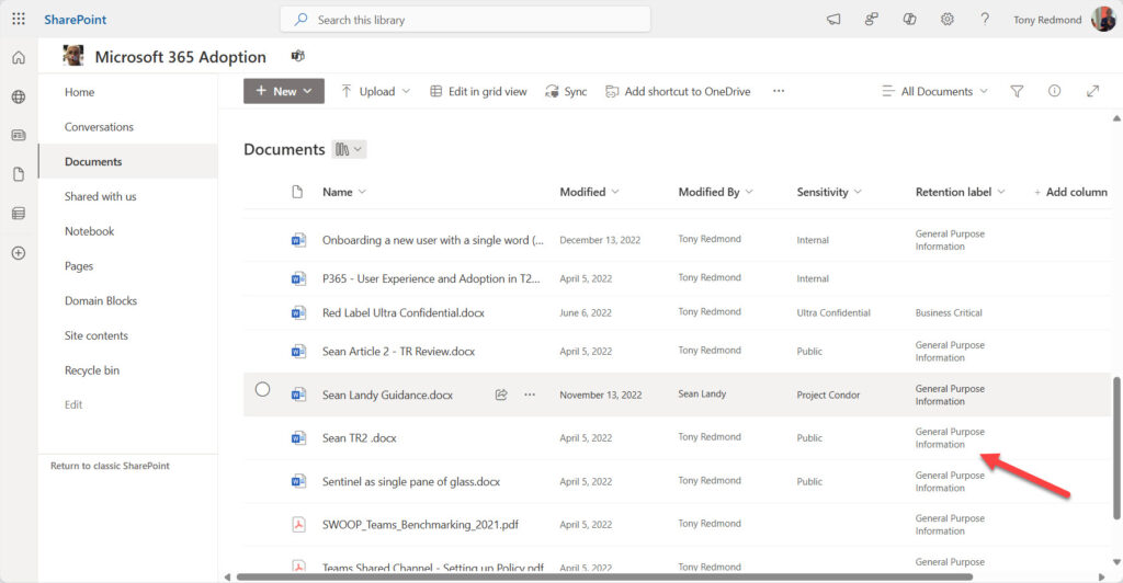 Files in a SharePoint Online site with retention labels applied by the script.