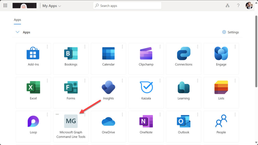 The Microsoft Graph Command Line Tools app appears in a user’s MyApps dashboard.