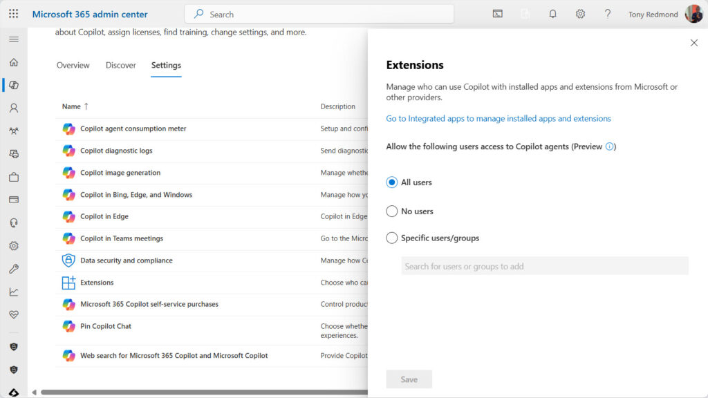 Copilot Settings in the Microsoft 365 admin center.

Copilot agents